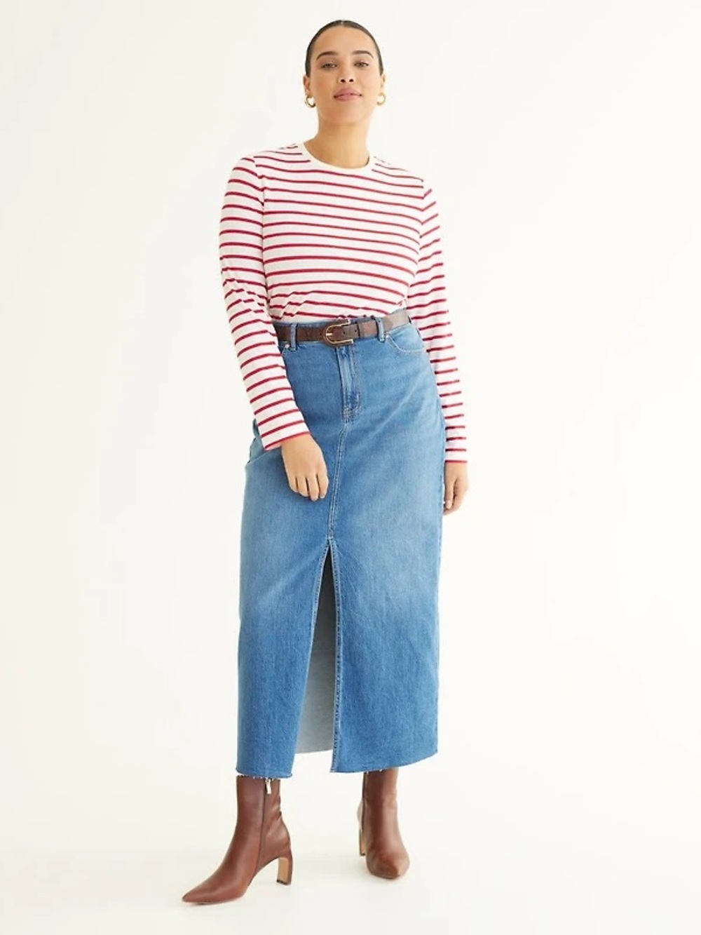 Reitmans Light Blue Straight Denim Maxi Skirt with Front Slit and distressed hem